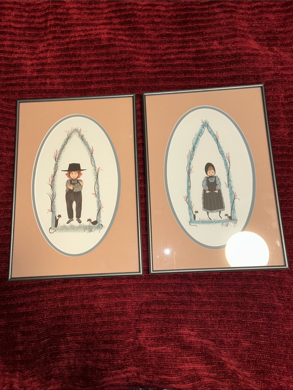 P. Buckley Moss Professionally Framed Amish Boy Adam and Girl with Black Cats